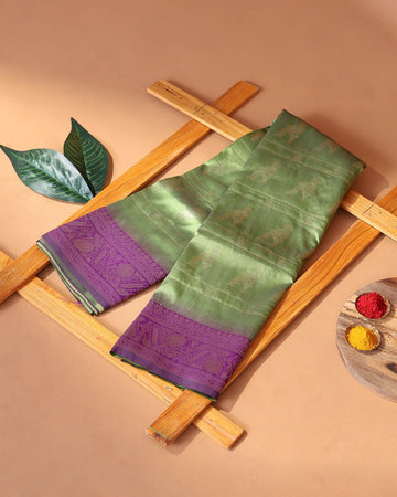 Semi Soft Silk Saree with Checked Design & Intricate Bird Motifs with Purple Zari Border - Green