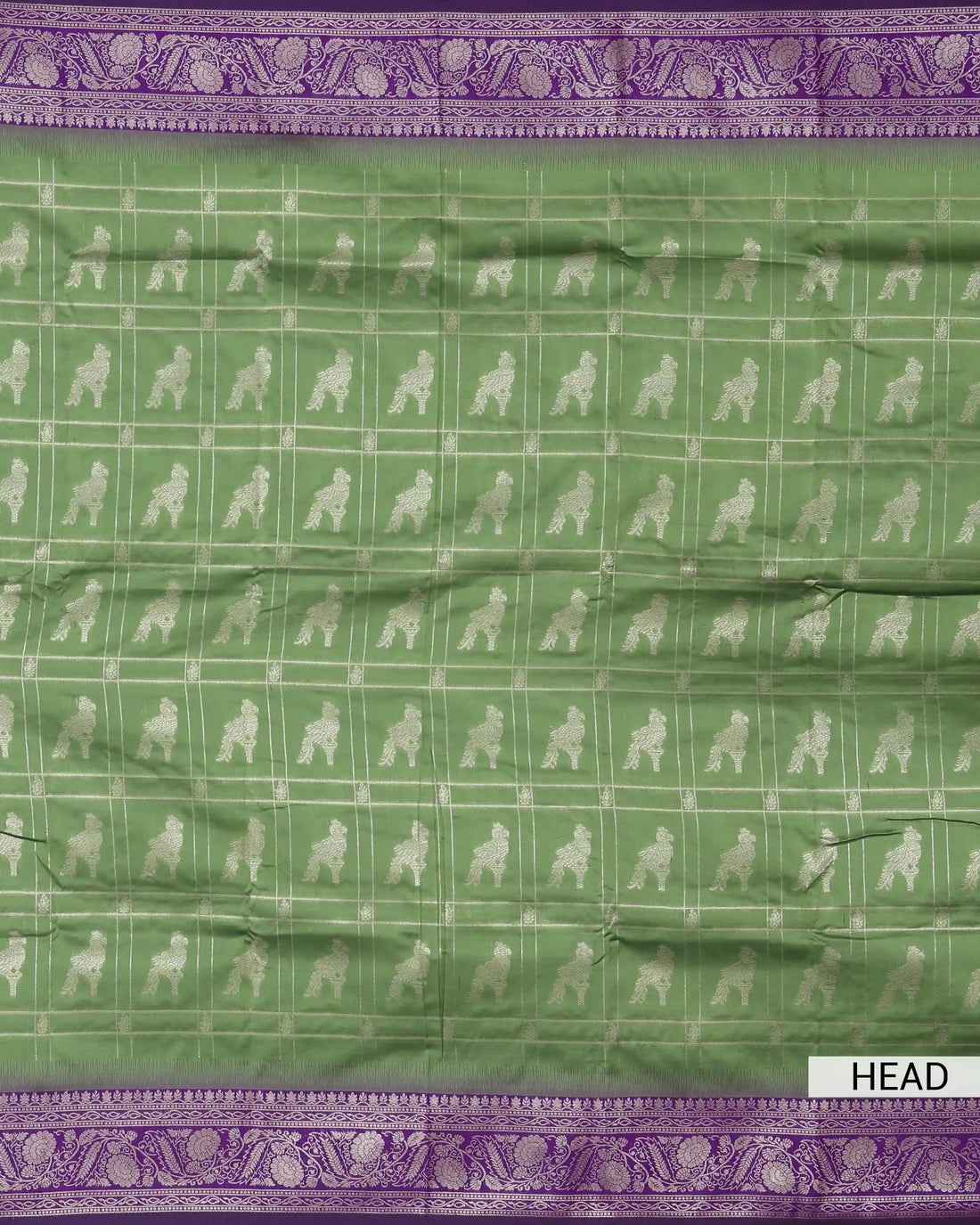 Semi Soft Silk Saree with Checked Design & Intricate Bird Motifs with Purple Zari Border - Green