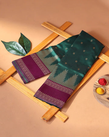 Semi Soft Silk Saree with Traditional Ikat Inspired Temple Border & Zari Butti Motifs - Bottle Green