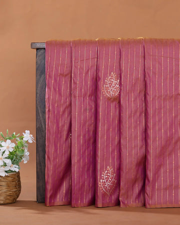Semi Soft Silk Saree with Striped Zari Weave Intricate Leaf Motifs and Woven Border - Onion Pink
