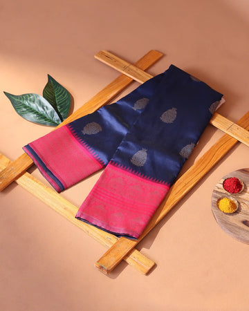 Semi Soft Silk Saree with Antique Gold Floral Buttas and Pink Zari Border & Pallu - Navy Blue