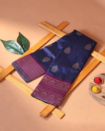 Semi Soft Silk Saree with Elegant Floral Zari Motifs and Magenta Woven Zari Border - Navy Blue