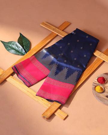 Semi Soft Silk Saree with Zari Buttas Bold Temple Style Border & Pink Zari Pallu - Navy Blue