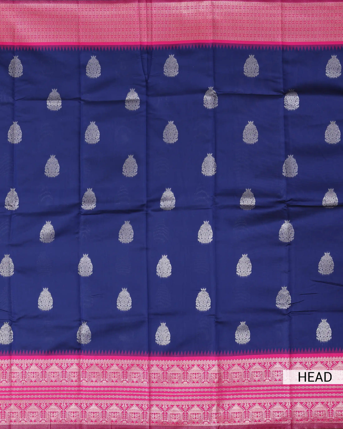 Semi Soft Silk Saree with Antique Gold Floral Buttas and Pink Zari Border & Pallu - Navy Blue