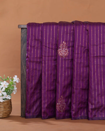 Semi Soft Silk Saree with Striped Zari Weave Intricate Leaf Motifs and Woven Border - Purple