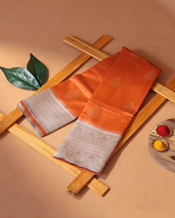Semi Soft Silk Saree with Cream Butta Motifs and Elegant Cream Woven Border & Pallu - Orange