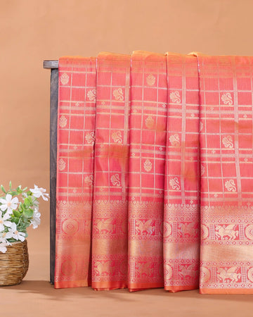 Semi Soft Silk Saree with Traditional Checked Pattern Intricate Woven Motifs and Elaborate Zari Border - Coral Orange