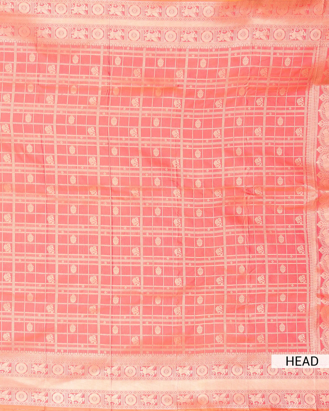 Semi Soft Silk Saree with Traditional Checked Pattern Intricate Woven Motifs and Elaborate Zari Border - Coral Orange