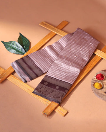 Semi Soft Silk Saree with Zari Checks Floral Motifs & Peacock Zari Border - Peach