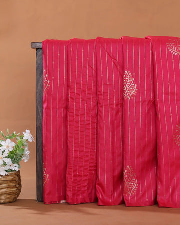 Semi Soft Silk Saree with Striped Zari Weave Intricate Leaf Motifs and Woven Border - Pink