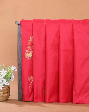 Semi Soft Silk Saree with Floral Butta Motifs Lotus and Deer Zari Border and Intricate Geometric Pallu - Red