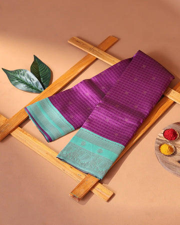 Semi Soft Silk Saree with Checked Weave Floral Zari Motifs and Peacock Zari Border – Violet