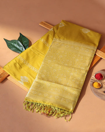 Semi Soft Silk Saree with Silver Floral Motifs and Intricate Zari Woven Border - Yellow