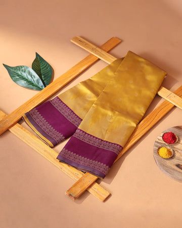 Semi Soft Silk Saree with Cream Butta and Purple Woven Border & Pallu - Yellow