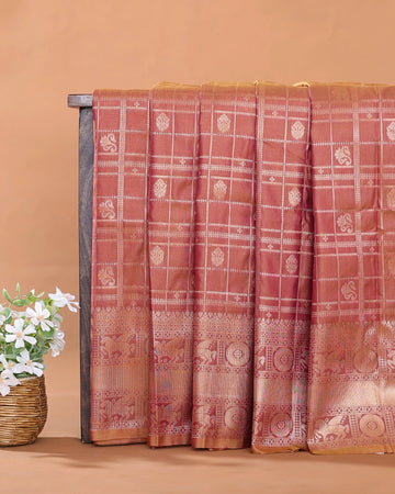Semi Soft Silk Saree with Traditional Checked Pattern Intricate Woven Motifs and Elaborate Zari Border - Onion Pink