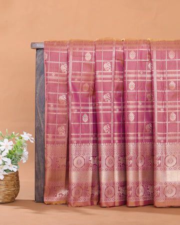 Semi Soft Silk Saree with Traditional Checked Pattern Intricate Woven Motifs and Elaborate Zari Border - Pink