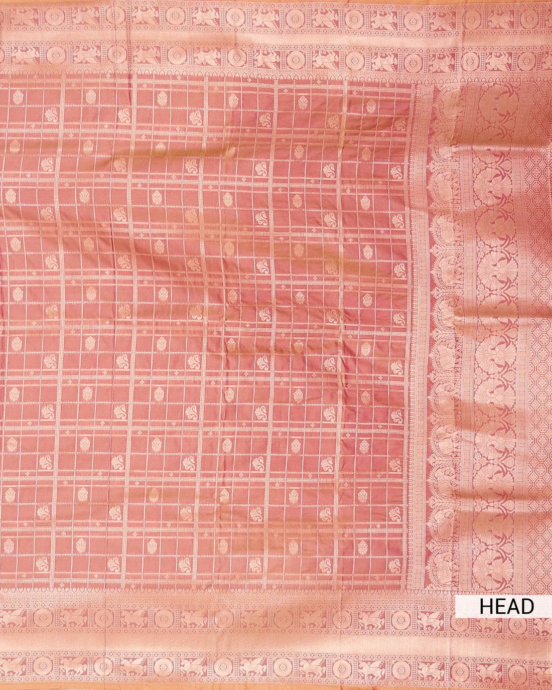 Semi Soft Silk Saree with Traditional Checked Pattern Intricate Woven Motifs and Elaborate Zari Border - Onion Pink