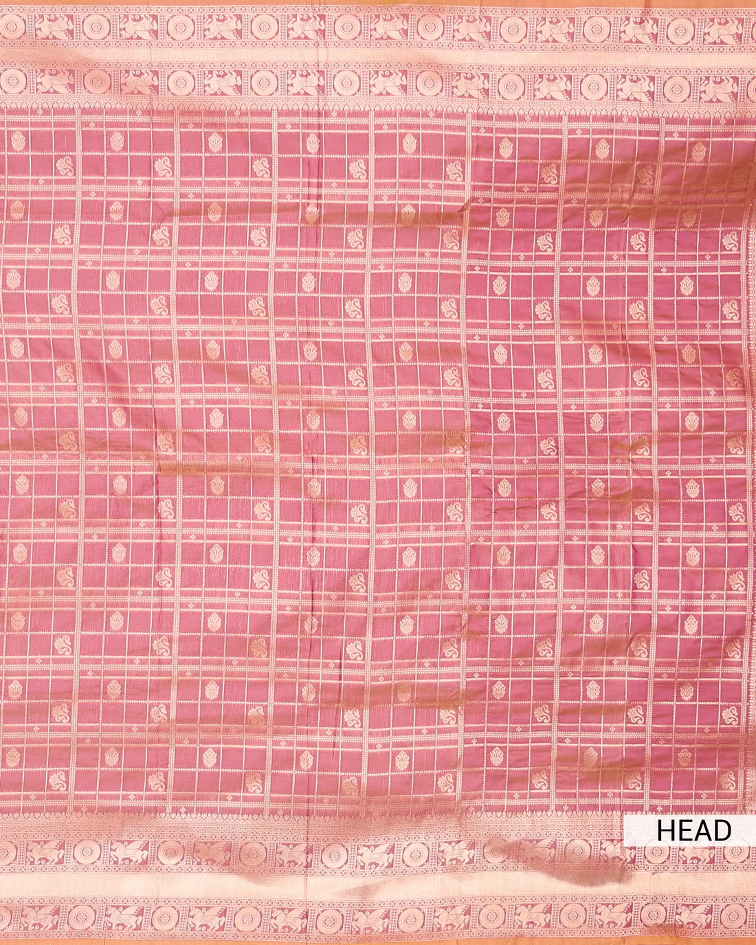 Semi Soft Silk Saree with Traditional Checked Pattern Intricate Woven Motifs and Elaborate Zari Border - Pink