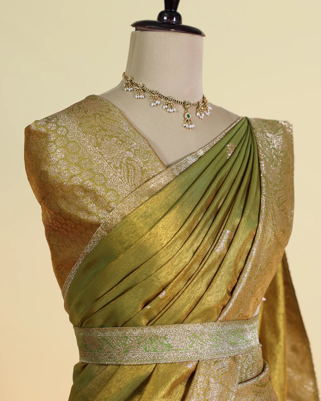 Women's Semi Stitched Dhavani Set with Floral Zari Weaving Brocade Border Pleated Skirt Traditional Draped Dupatta and Designer Blouse Piece - Olive Green