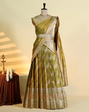 Women's Semi Stitched Dhavani Set with Floral Zari Weaving Brocade Border Pleated Skirt Traditional Draped Dupatta and Designer Blouse Piece - Olive Green
