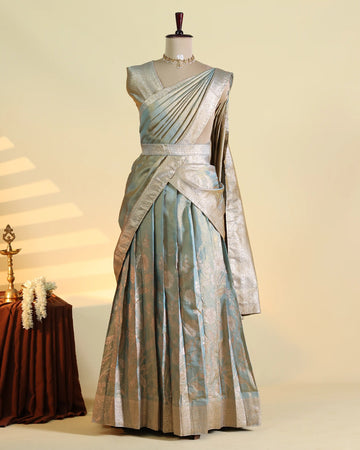 Women's Semi Stitched Dhavani Set with Floral Brocade Design Pleated Draping Metallic Woven Border Embellished Waist Belt and Matching Dupatta - Pastel Green
