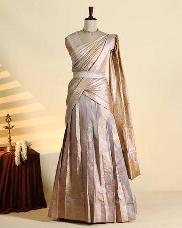 Women's Semi Stitched Dhavani Set with Floral Brocade Design Pleated Draping Metallic Woven Border Embellished Waist Belt and Matching Dupatta - Gold