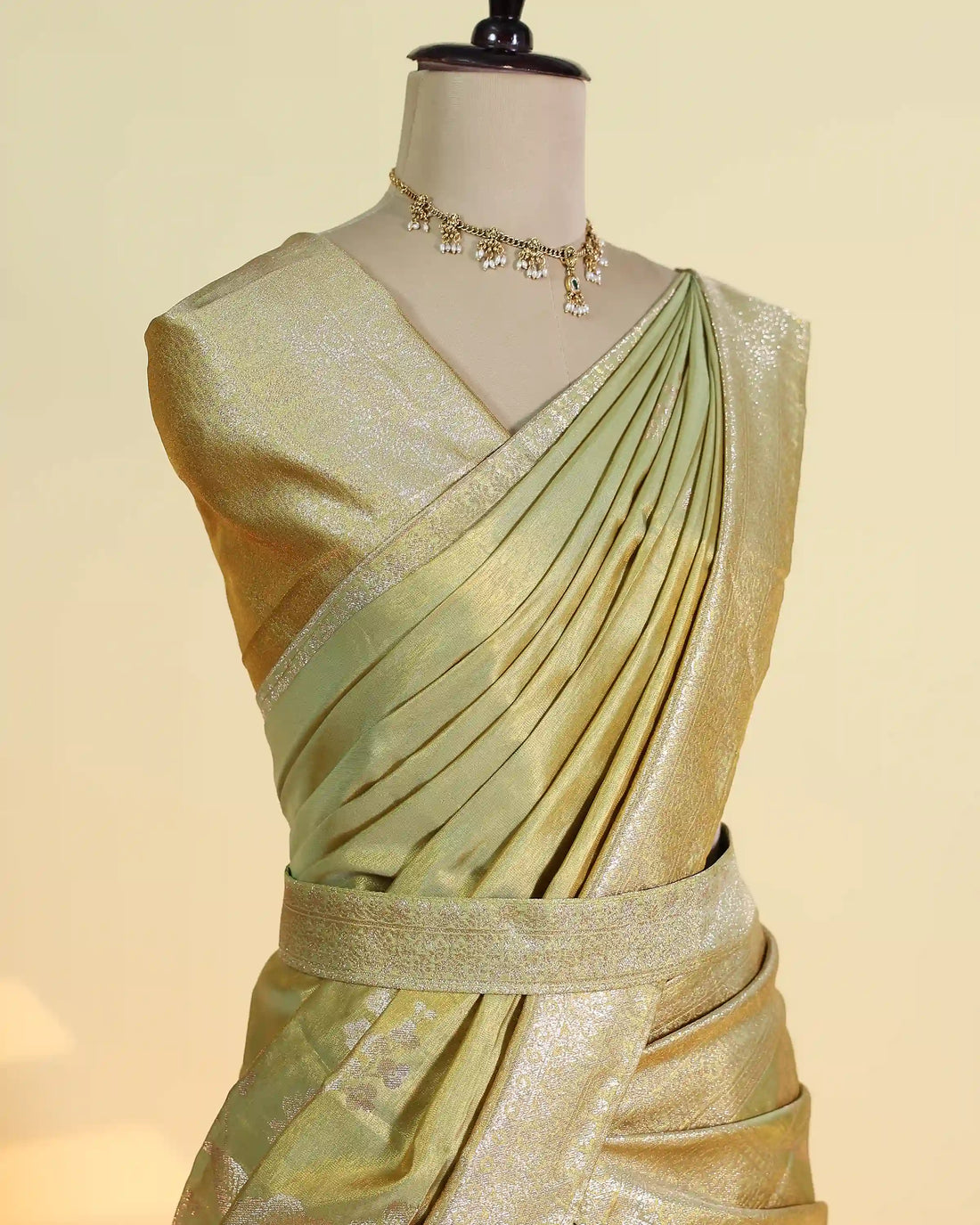 Women's Semi Stitched Dhavani Set with Floral Brocade Design Pleated Draping Metallic Woven Border Embellished Waist Belt and Matching Dupatta - Green