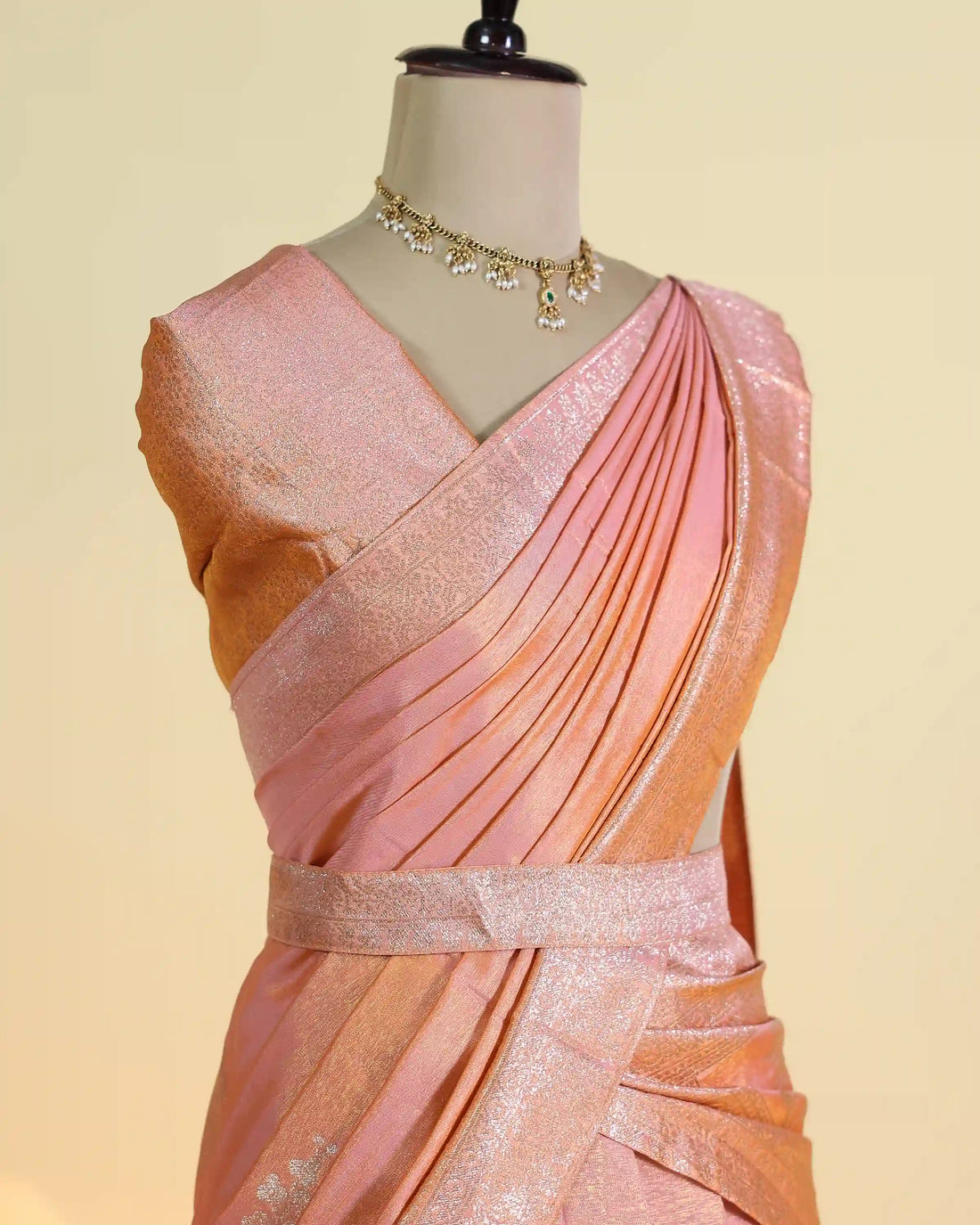 Women's Semi Stitched Dhavani Set with Floral Brocade Design Pleated Draping Metallic Woven Border Embellished Waist Belt and Matching Dupatta - Peach