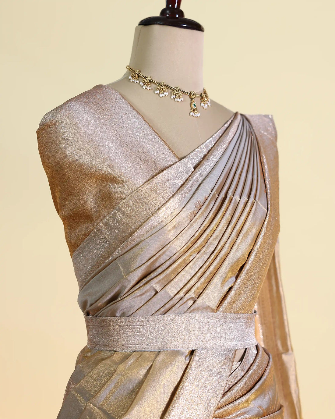 Women's Semi Stitched Dhavani Set with Floral Brocade Design Pleated Draping Metallic Woven Border Embellished Waist Belt and Matching Dupatta - Gold