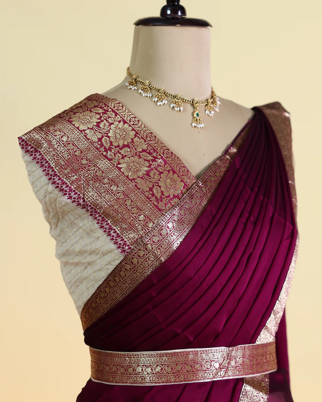 Women’s Semi Stitched Dhavani Set with Floral Brocade Contrast Border Elegant Draped Solid Dupatta and Checked Pattern Skirt - Purple & Off White