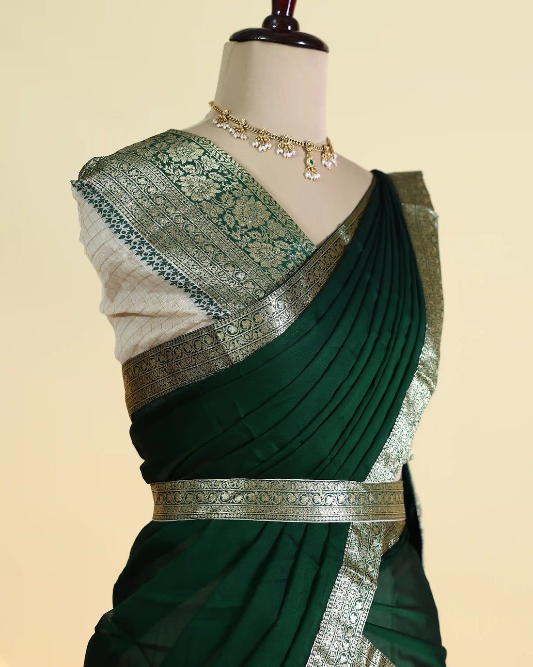 Women's Semi Stitched Dhavani Set with Floral Zari Border Blouse Solid Dupatta and Checked Pattern Skirt - Dark Green & Cream
