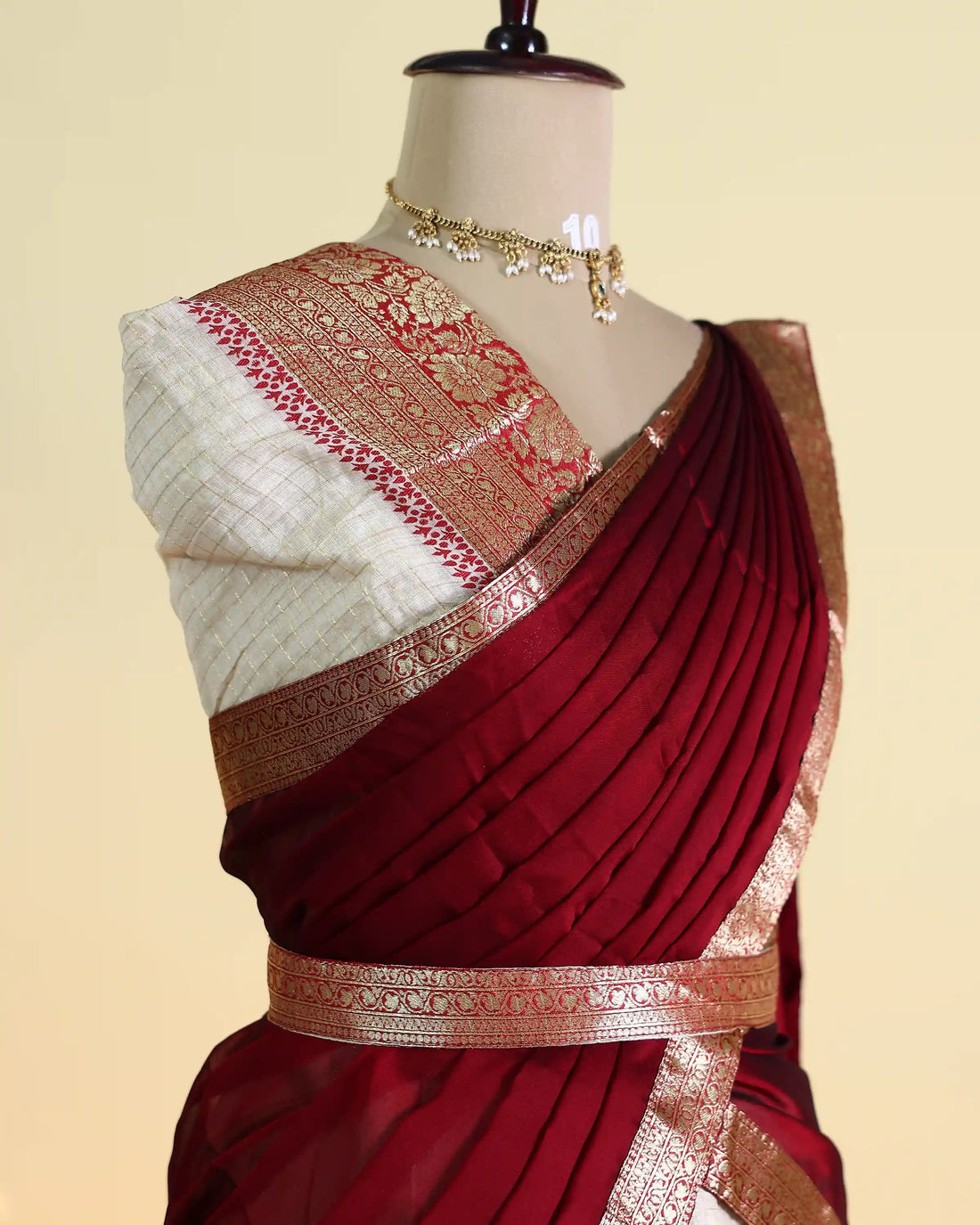 Women's Semi Stitched Dhavani Set with Floral Zari Border Blouse Solid Dupatta and Checked Pattern Skirt - Maroon & Cream