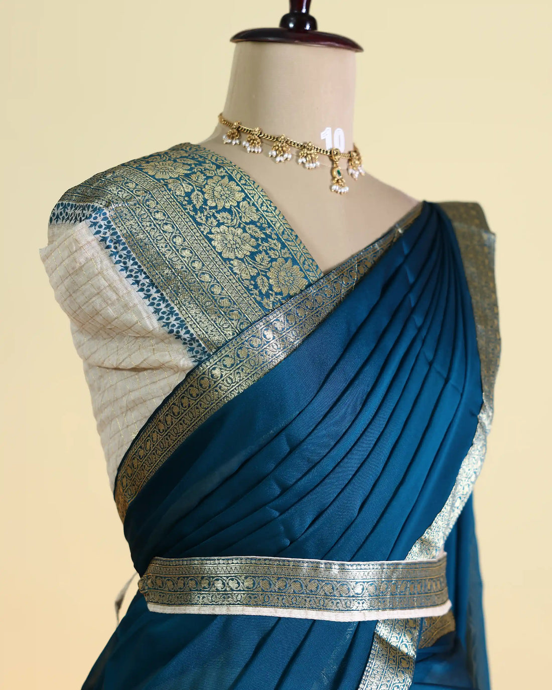 Women's Semi Stitched Dhavani Set with Floral Zari Border Blouse Solid Dupatta and Checked Pattern Skirt  - Teal & Cream