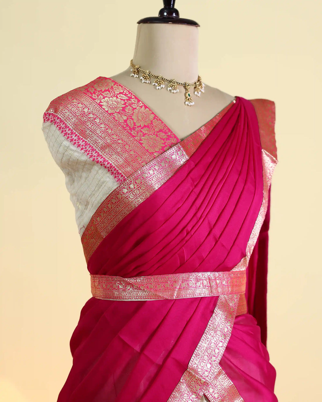 Women's Semi Stitched Dhavani Set with Floral Zari Border Blouse Solid Dupatta and Checked Pattern Skirt - Pink & Cream