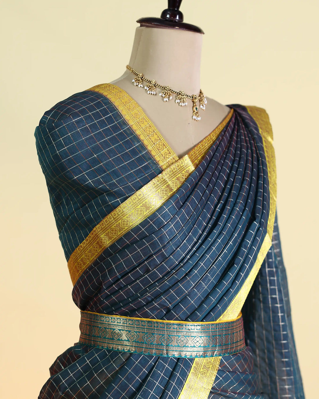 Women's Semi Stitched Dhavani Set with Woven Checkered Design Zari Border Skirt and Matching Dupatta -  Teal and Yellow