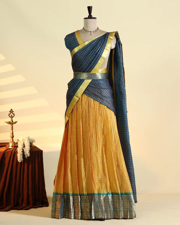 Women's Semi Stitched Dhavani Set with Woven Checkered Design Zari Border Skirt and Matching Dupatta -  Teal and Yellow