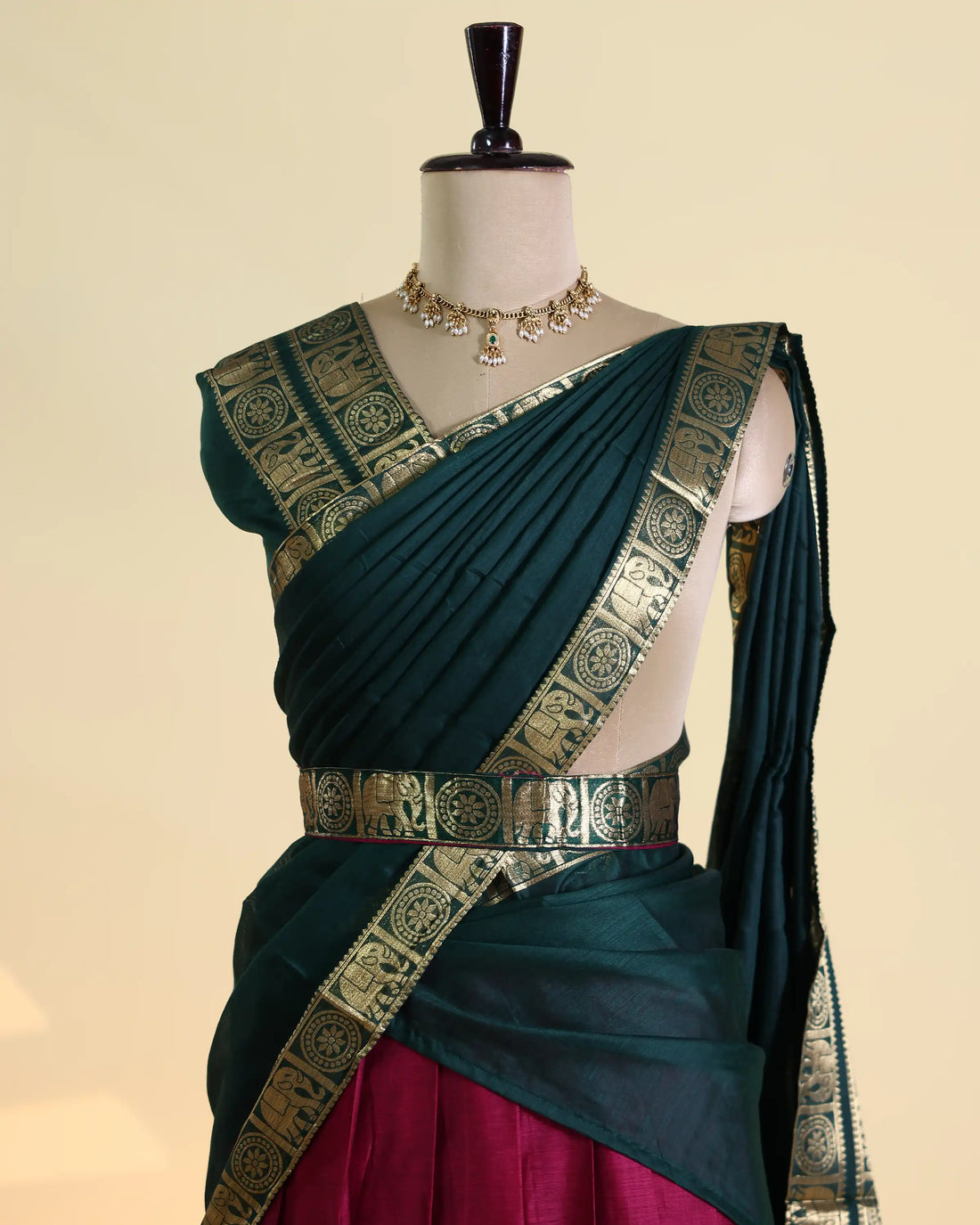 Women’s Semi Stitched Solid Pattern Dhavani Set with Intricate Elephant Zari Border Traditional Woven Skirt and Draped Dupatta - Dark Green & Dark Pink