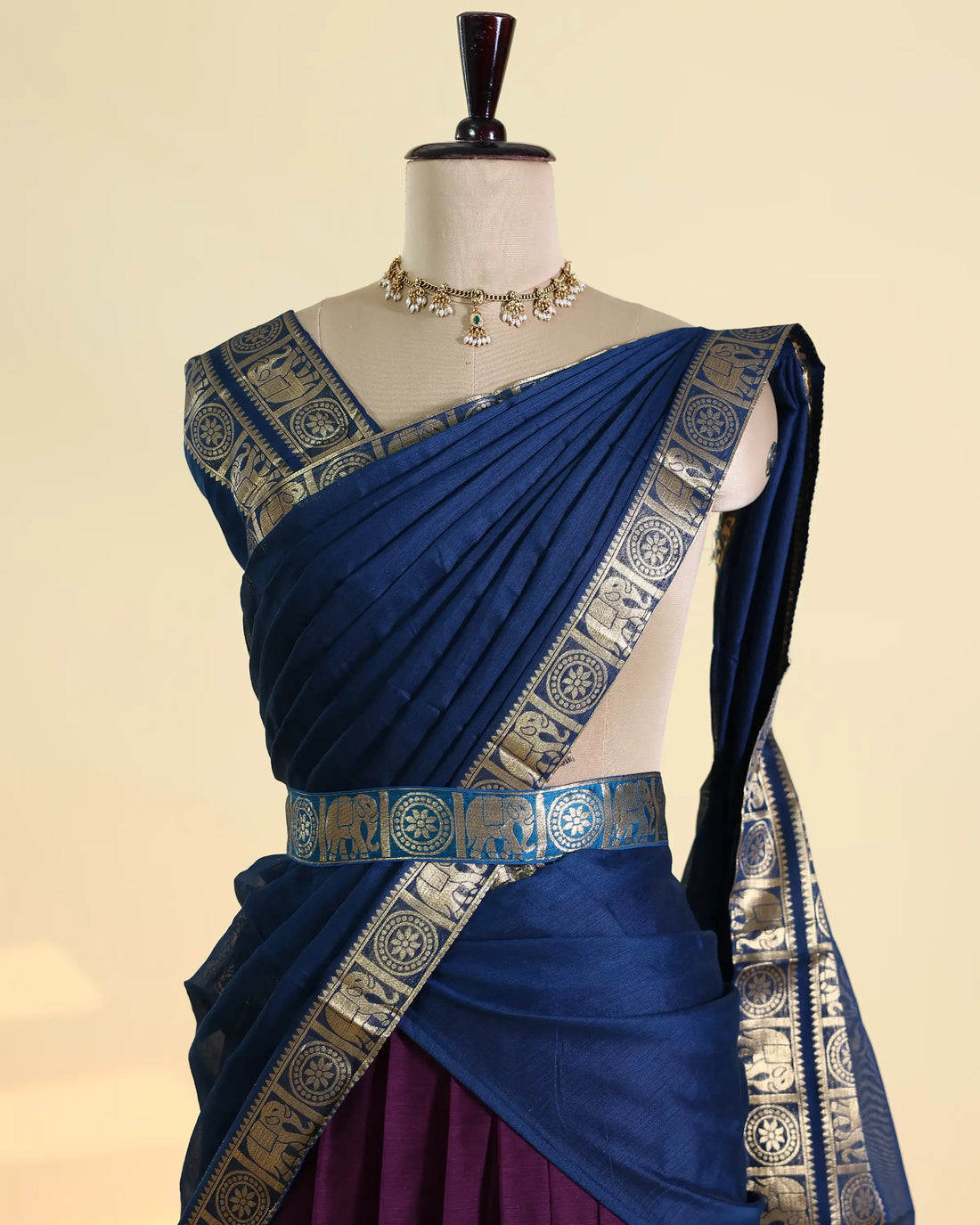 Women's Semi Stitched Dhavani Set with Pleated Lehenga Contrast Border Brocade Woven Zari Work and Matching Dupatta - Blue & Purple