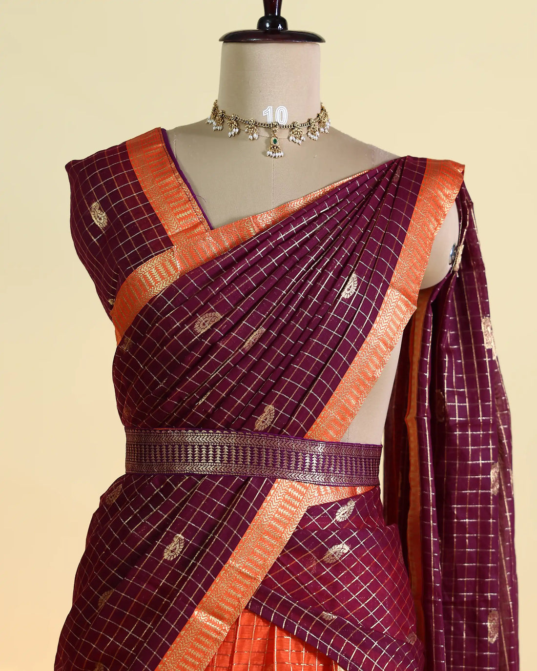 Women's Semi Stitched Checked Dhavani Set with Delicate Paisley Motifs Skirt Blouse and Dupatta with Zari Border -  Dark Maroon & Orange