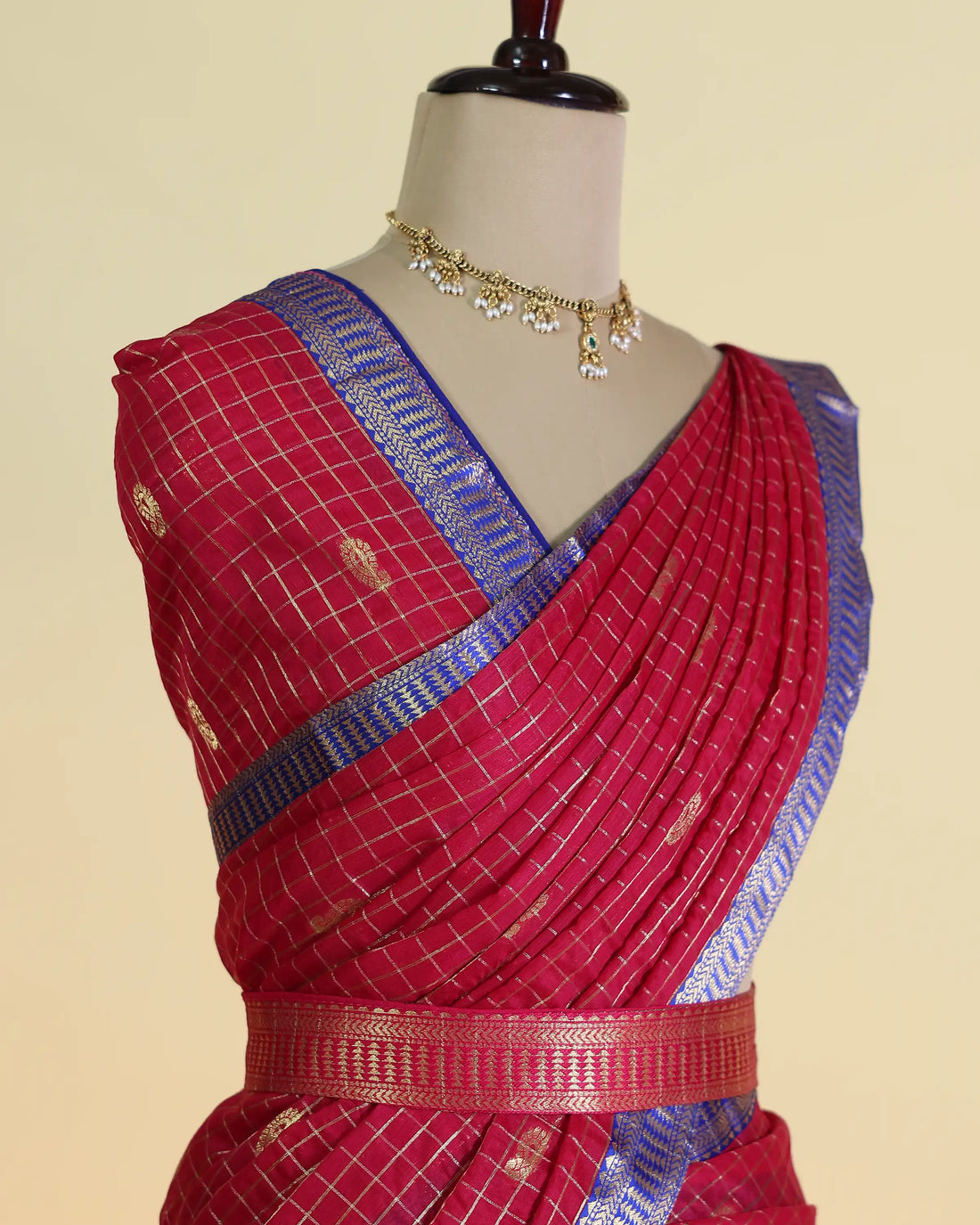 Women's Semi Stitched Checked Dhavani Set with Delicate Paisley Motifs Skirt Blouse and Dupatta with Zari Border - Red & Purple