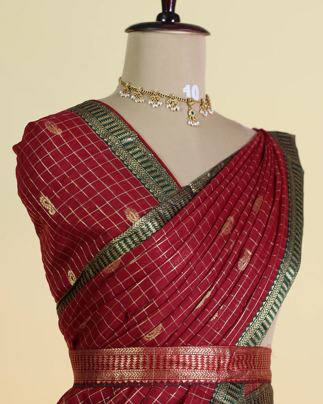 Women's Semi Stitched Checked Dhavani Set with Delicate Paisley Motifs Skirt Blouse and Dupatta with Zari Border - Maroon & Black