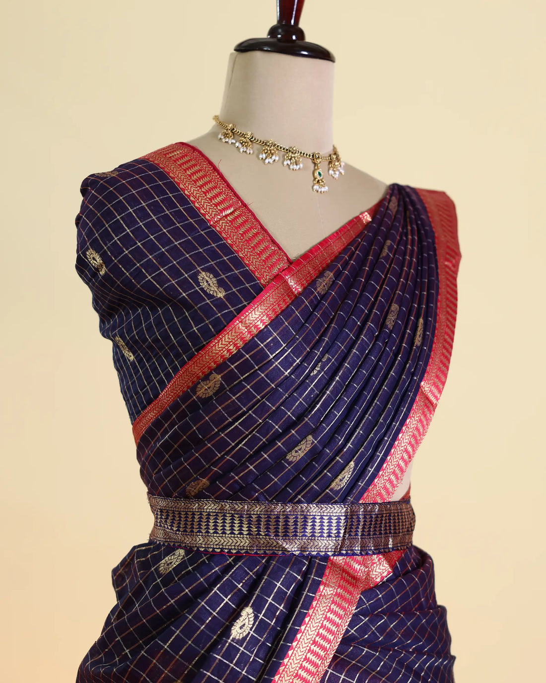 Women’s Semi Stitched Dhavani Set with Checked Pattern Zari Woven Border Pleated Skirt and Designer Dupatta - Navy Blue & Pink