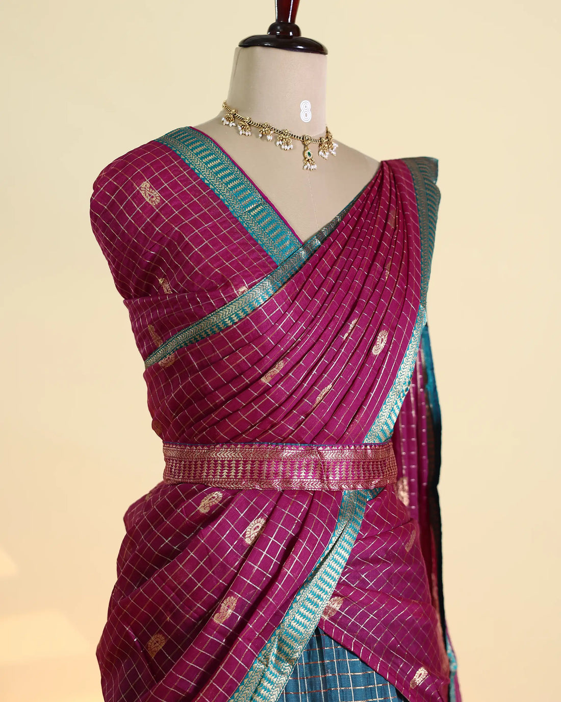Women's Semi Stitched Checked Dhavani Set with Delicate Paisley Motifs Skirt Blouse and Dupatta with Zari Border - Purple & Teal