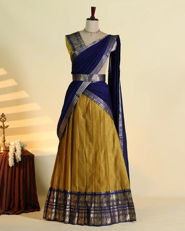 Womens Semi Stitched Dhavani Set with Intricate Zari Border Brocade Detailing Pleated Lehenga Skirt and Matching Dupatta -  Royal Blue and Mustard