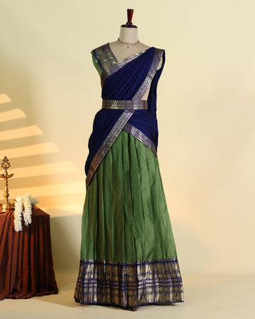Women's Semi Stitched Dhavani Set with Peacock & Floral Zari Woven Border Solid Lehenga Skirt and Dupatta – Navy Blue & Green