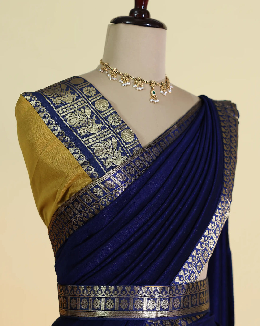 Womens Semi Stitched Dhavani Set with Intricate Zari Border Brocade Detailing Pleated Lehenga Skirt and Matching Dupatta -  Royal Blue and Mustard