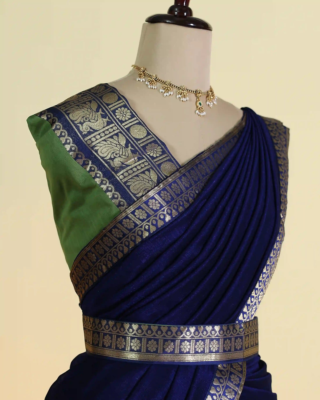 Women's Semi Stitched Dhavani Set with Peacock & Floral Zari Woven Border Solid Lehenga Skirt and Dupatta – Navy Blue & Green