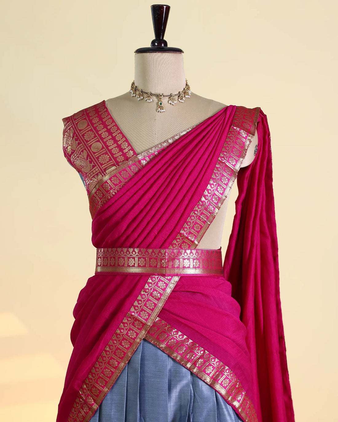 Women's Semi Stitched Dhavani Set with Zari Work Border Pleated Skirt Designer Draped Dupatta and Matching Blouse Piece - Pink & Steel Blue