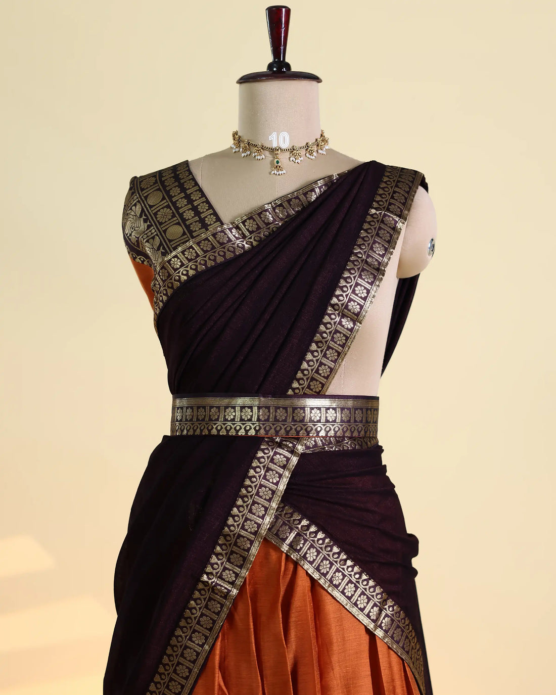 Women's Semi Stitched Dhavani Set with Traditional Zari Woven Border Pleated Skirt and Draped Dupatta - Dark Maroon & Orange