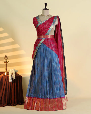 Women's Semi Stitched Dhavani Set with Woven Checkered Design Zari Border Skirt and Matching Dupatta - Red & Blue